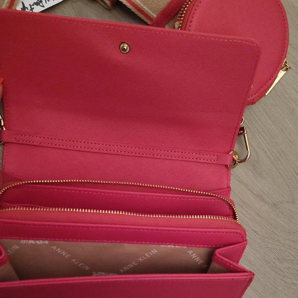 🆕3PC Anne Klein Vibrant Pink Clutch Wallet Crossbody Bag with Accessories